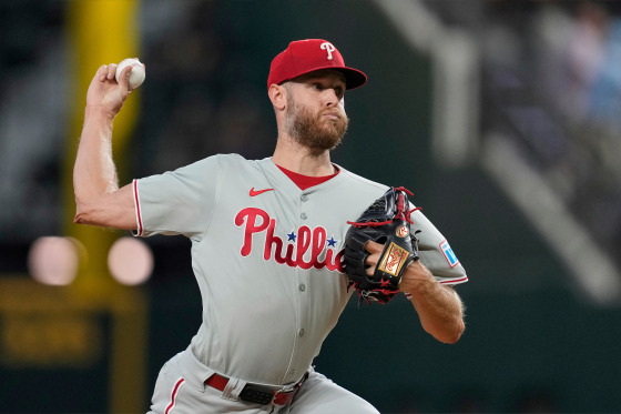 Philadelphia Phillies starting pitcher Zack Wheeler throws to the Texas Rangers in the second inning of a game Sunday, Aug. 10, 2025.