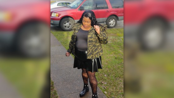 Valerie Elder Smiley standing in front of her car, which is also missing.