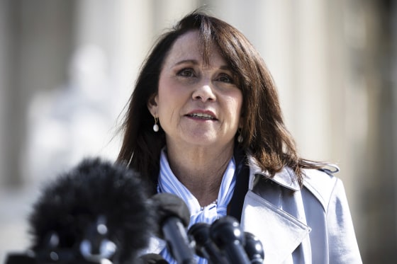 Louisiana Attorney General Liz Murrill speaks with reporters outside the U.S. Supreme Court in Washington, D.C., in March 2024.&nbsp;