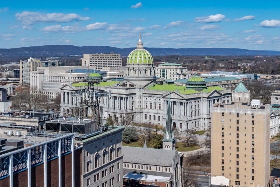 Winter afternoon aerial photo over downtown Harrisburg, PA.