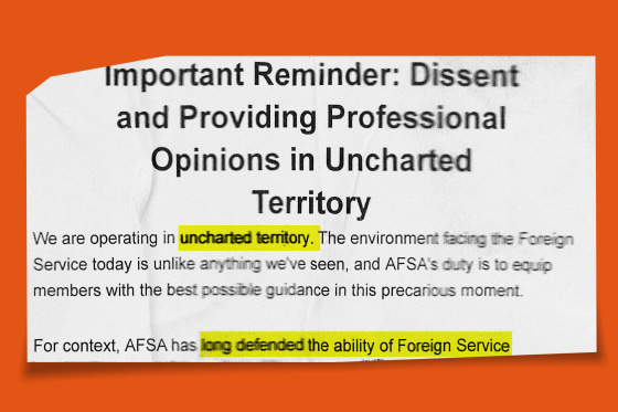 Email text about "dissent and providing professional opinions" in "uncharted territory" sent to the Foreign Service.