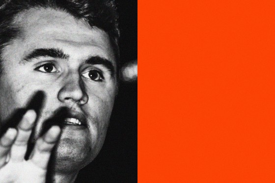 Illustration showing a photo of Charlie Kirk at an event next to a block of red color.