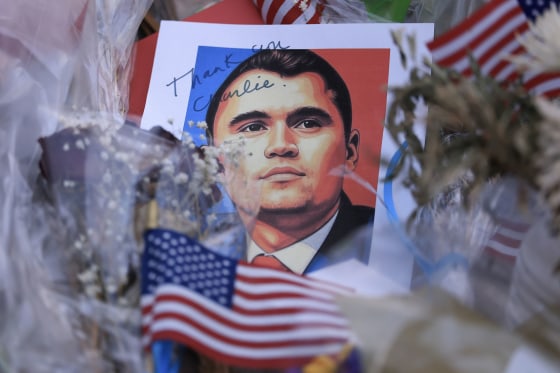 A portrait of Charlie Kirk at a makeshift memorial outside the headquarters of Turning Point USA on Sept. 18, 2025, in Phoenix.