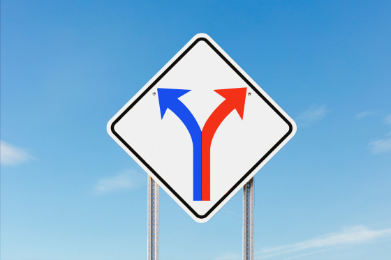 Photo illustration of a road sign with two arrows, red and blue, diverging