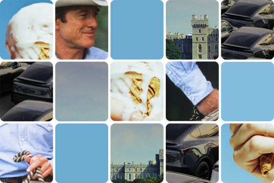 Grid of obscured images featuring Robert Redford, an ice cream cone, and Windsor Castle 