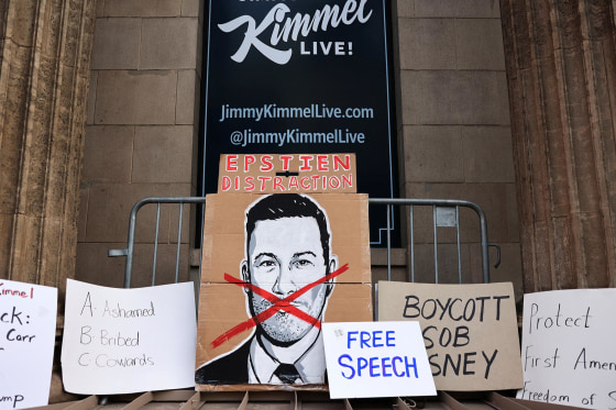 Signs are arranged during a protest at the El Capitan Entertainment Centre, where "Jimmy Kimmel Live!" was recorded for broadcast, in Los Angeles on Sept. 18, 2025.