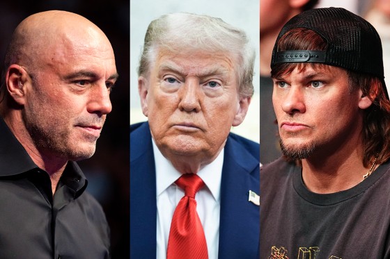 A three-way split composite image of Joe Rogan, left, Donald Trump, and Theo Von