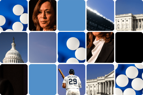 Photo grid of obscured images including Kamala Harris, the U.S. Capitol, Cal Raleigh, and generic pills 