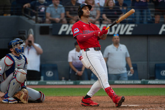 Brayan Rocchio of the Cleveland Guardians watches his walk-off three-run home run off Texas Rangers relief pitcher Jose Corniell on Sunday.