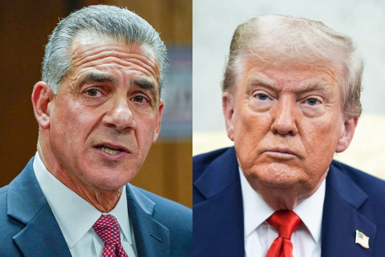 A split composite image of Jack Ciattarelli, left, and Donald Trump