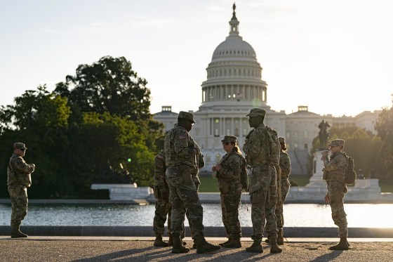 Members of the National Guard patrol near the Capitol on Oct. 1, 2025.
