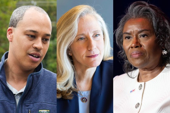 A side by side split composite image of Jay Jones, left, Winsome Earle-Sears, and Abigail Spanberger.