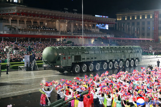 A picture released from North Korea's official Korean Central News Agency (KCNA) on October 11, 2025 shows a new intercontinental ballistic missile (ICBM) paraded through the streets
