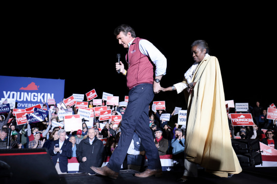 Glenn Youngkin leads Winsome Sears on stage