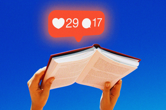 Hands hold a book, while a Likes and Comments notification bar sit above it.