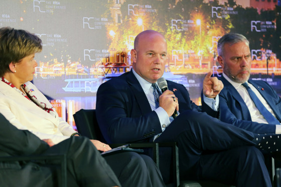 Matthew Whitaker, the U.S. ambassador to NATO, speaks in Riga, Latvia, earlier this month.