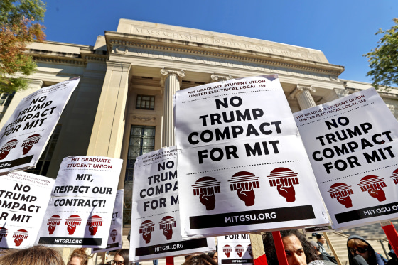 Signs at MIT's Graduate Student Union in Cambridge, Mass., on Oct. 10, 2025. 