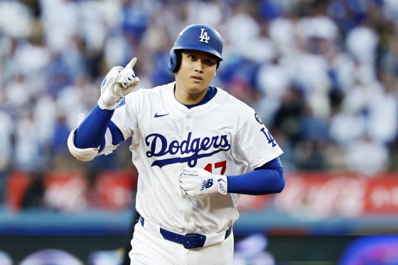 Shohei Ohtani #17 of the Los Angeles Dodgers rounds the bases after hitting a home run during the first inning against the Milwaukee Brewers in game four of the National League Championship Series at Dodger Stadium on October 17, 2025 in Los Angeles, Calif.