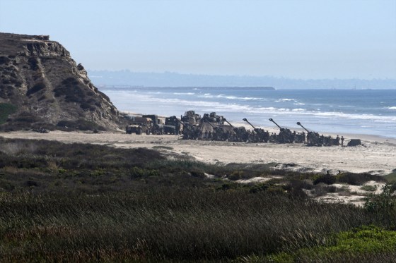 Marines perform an amphibious capabilities demonstration as Vice President JD Vance and Second Lady Usha Vance visit on Red Beach at Camp Pendleton, California, on October 18, 2025 as part of the Marine Corps' 250th anniversary celebrations.