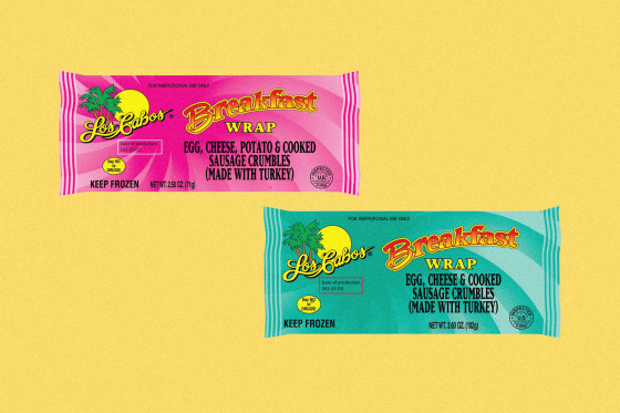 Los Cabos breakfast burritos packaging on a yellow background