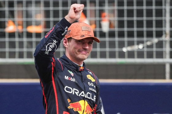 Max Verstappen smiles and raises a fist in the air