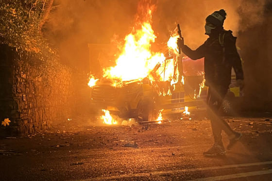 Police in riot gear clashed with at least 500 protesters in Dublin on Tuesday outside an asylum seeker hotel, following allegations that a 10-year-old girl was sexually assaulted. 