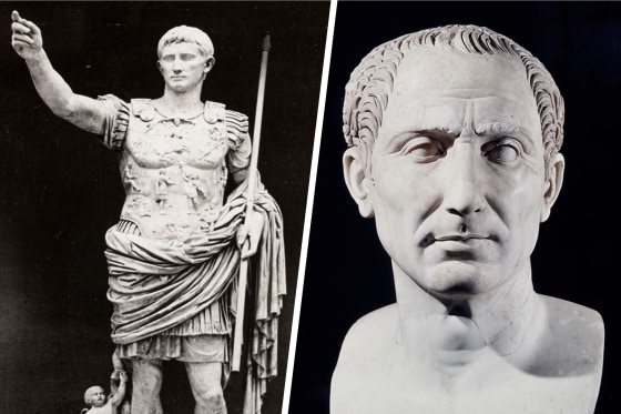A split image of statues of Augustus Caesar and Julius Caesar.