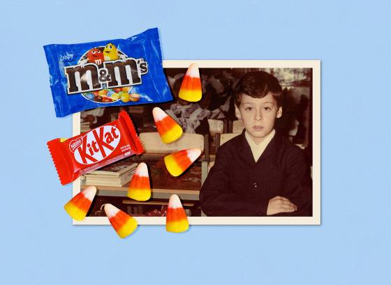 A photo illustration of a photograph of the author overlayed with Halloween candy.