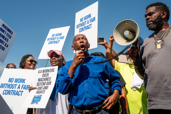 Late Rep. Sylvester Turner rallies with dockworkers during a strike in Houston, in 2024.