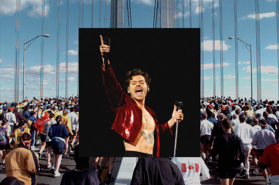 Harry Styles against background of NYC Marathon 
