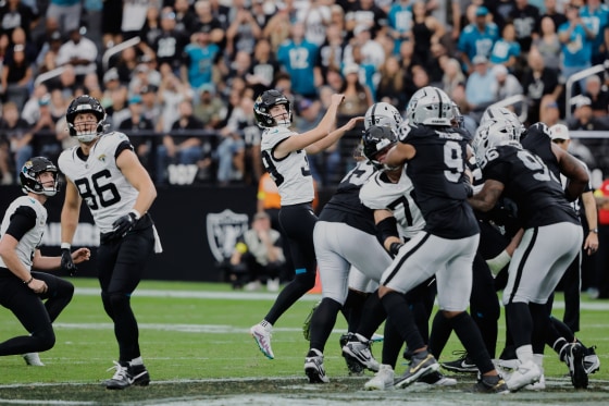 Jacksonville Jaguars place kicker Cam Little watches his 68-yard field goal during the first half against the Las Vegas Raiders on Sunday.