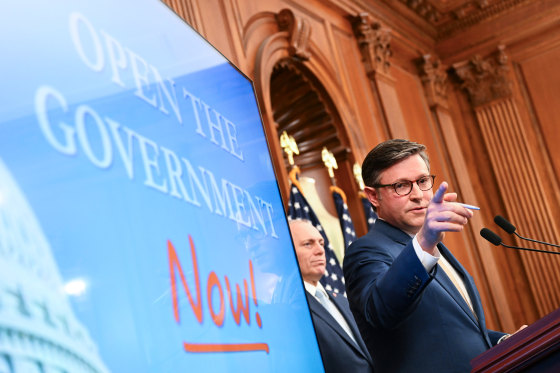 Mike Johnson during a press conference on Capitol Hill.