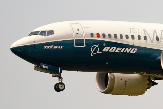 A Boeing 737 Max jet prepares to land.