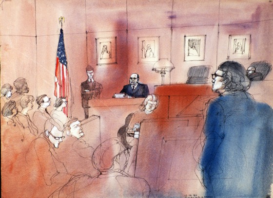 Court sketch of a trail with a stenographer in the center.