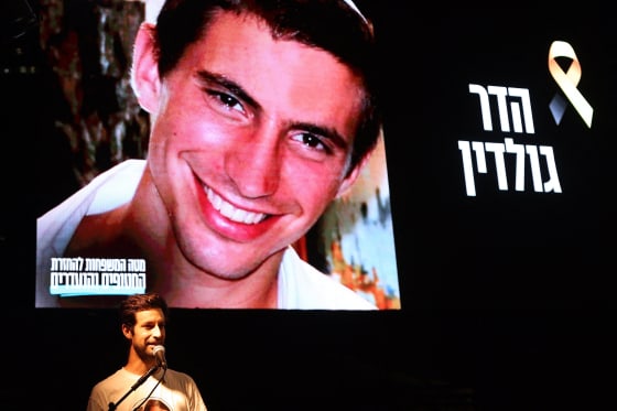 Chemi Goldin, brother of Lt. Hadar Goldin whose body is still held by Hamas in the Gaza Strip speaks during an event at Hostages Square in Tel Aviv on Oct. 28, 2025.