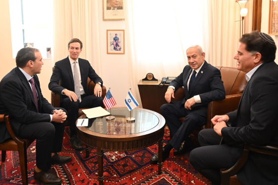 Israeli Prime Minister Benjamin Netanyahu, second right, in his office in Jerusalem with President Trump's son-in-law, Jared Kushner, second left, on Monday.