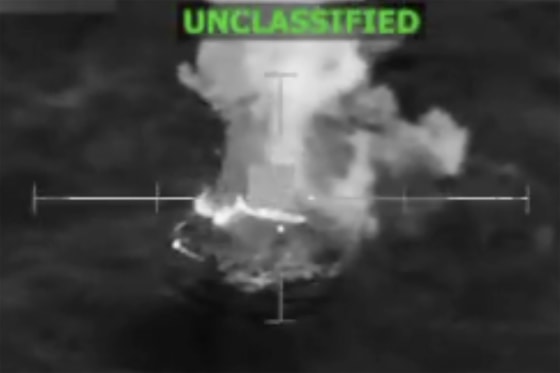 A boat allegedly operated by drug cartels in the eastern Pacific after it was hit by a U.S. strike.