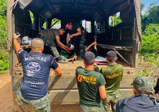 Two Thai soldiers injured by a landmine during a patrol near the Thai-Cambodia border are transferred to a hospital in Sisaket province, Thailand, on Monday, Nov. 10, 2025.