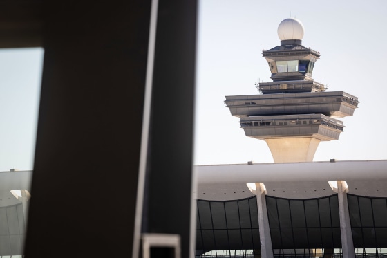 The air traffic control tower and terminal of Washington Dulles International Airport.