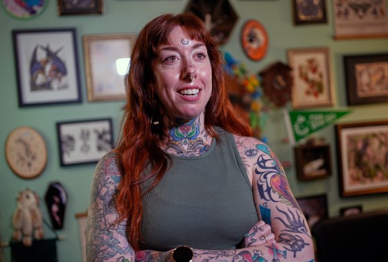 Tattoo artist Mischa Ostberg at the Ghost Rose Tattoo parlor on Nov. 3 in Ellsworth, Maine. 