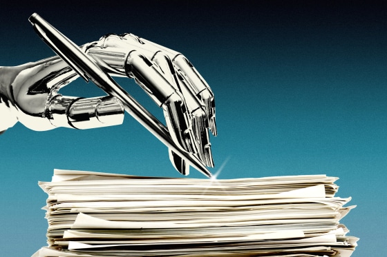 Photo illustration of a robot hand signing documents 