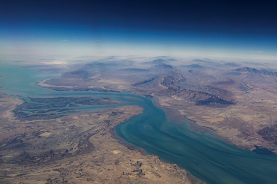 FILE PHOTO: An aerial view of the Iranian shores and the island of Qeshm in the strait of Hormuz
