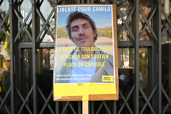 Camilo Castro on a placard at a rally in Toulouse, France, on Sept. 20 to protest his detention in Venezuela.