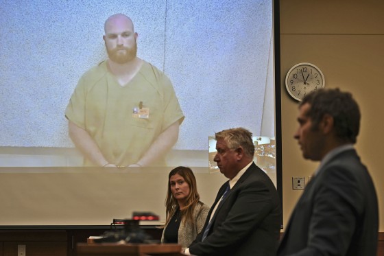 Blendon Township police officer Connor Grubb listens while appearing via video from jail for his arraignment hearing