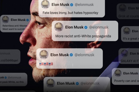 Photo illustration of Elon Musk overlaid with various tweets