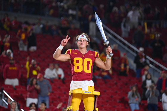 USC Trojans quarterback Sam Huard (80) directs the band after a college football game against the Northwestern Wildcats on November 7, 2025, at Los Angeles Memorial Coliseum in Los Angeles, CA.