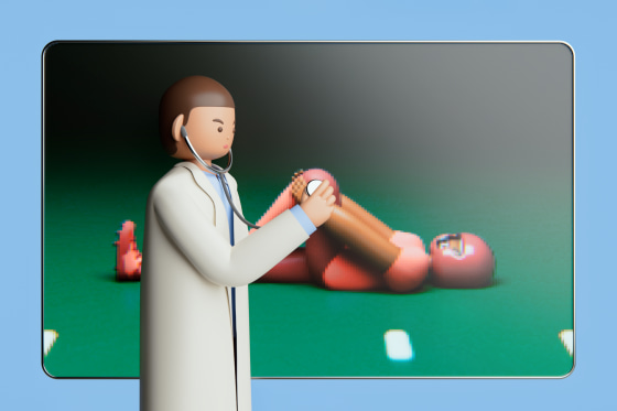 Photo illustration of a doctor applying a stethoscope to a football player's leg