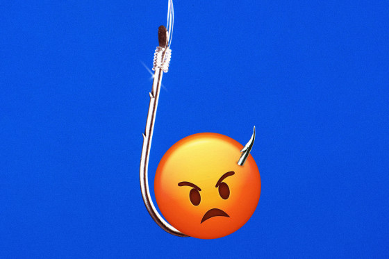 Photo illustration of a fish hook and an angry emoji
