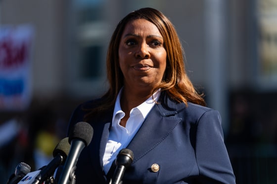 Letitia James, New York's attorney general, speaks outside federal court in Norfolk, Va., on Oct. 24.