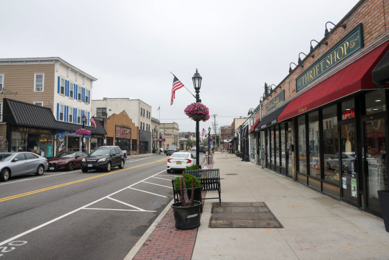 View of small businesses along Main Street in Farmingdale, New York